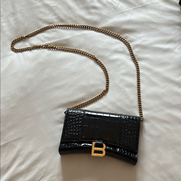 Handbags - Balenciaga- Black Croc-Embossed Chain Shoulder Bag